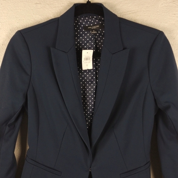 Ann Taylor Blue One Notched Collar Hook Front Long Sleeve Peplum Blazer Jacket - Picture 2 of 16